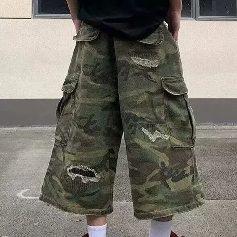 2025 Mens Camo Cargo Denim Shorts Distressed Straight Leg Casual Seven Inch Shorts Y2K Streetwear Vintage Loose Fit Summer Fashi