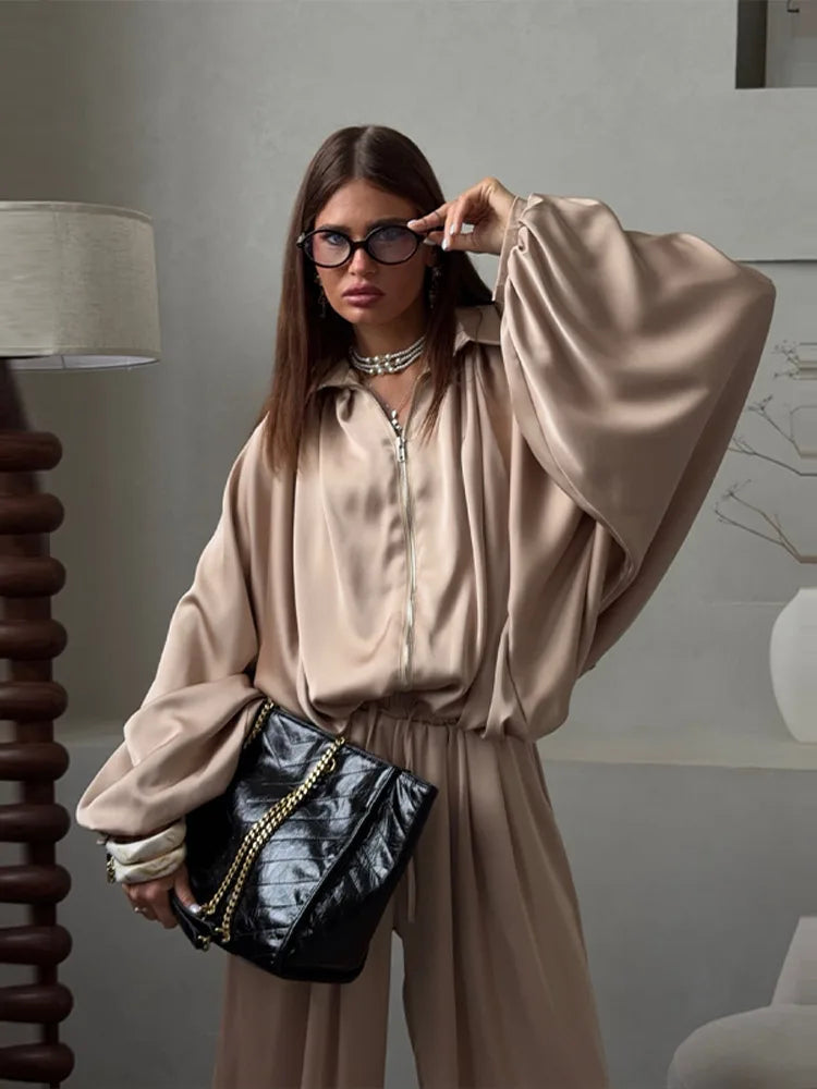 Casual Loose Pleated Shirt Pants Suit Women Solid Full Lantern Sleeve Zipper Shirts Wide Leg Trousers 2026 Fashion Street Set