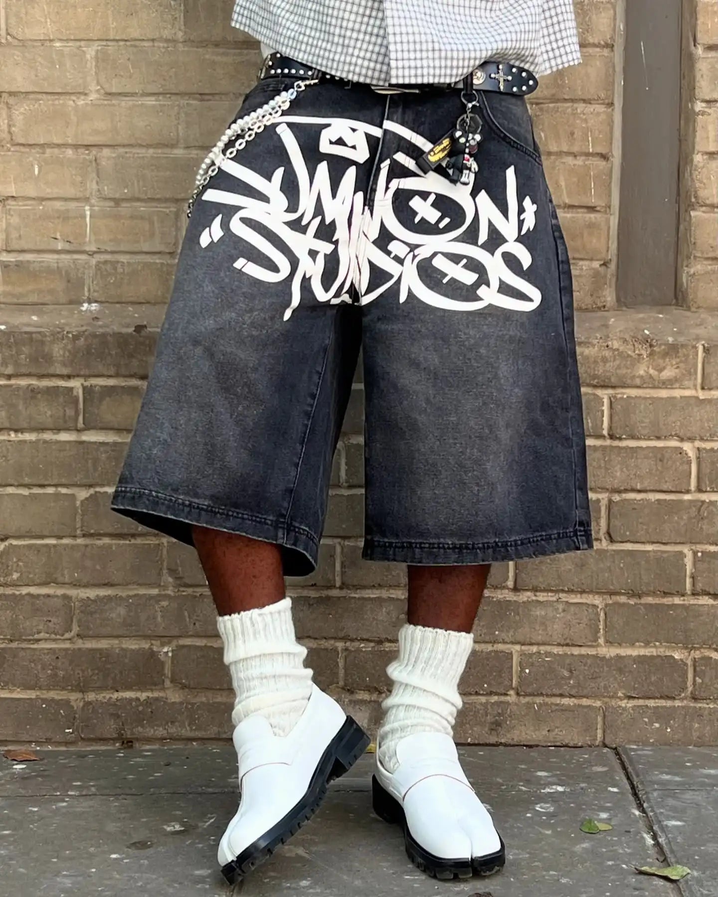 Denim Jort Front Graffiti Graphic Print Street Style Oversized Distressed Cotton Blend Vintage Unisex Shorts Summer Casual Fit