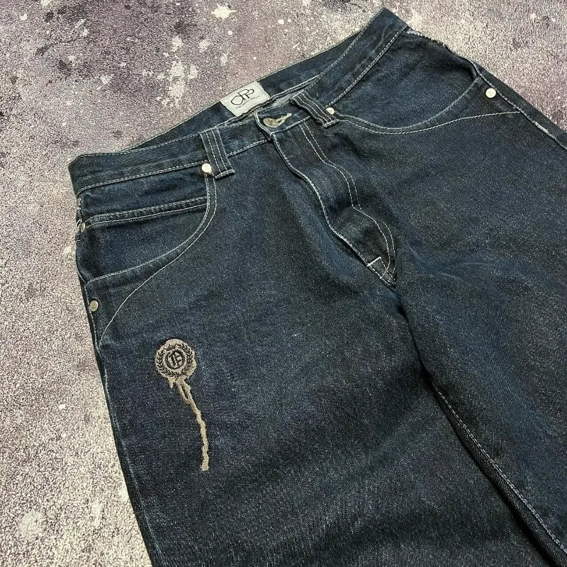 American New Skull Embroidery Casual Baggy Jeans Women Y2K Street Harajuku Vintage Gothic High Waist Joker Wide Leg Pant Trouser