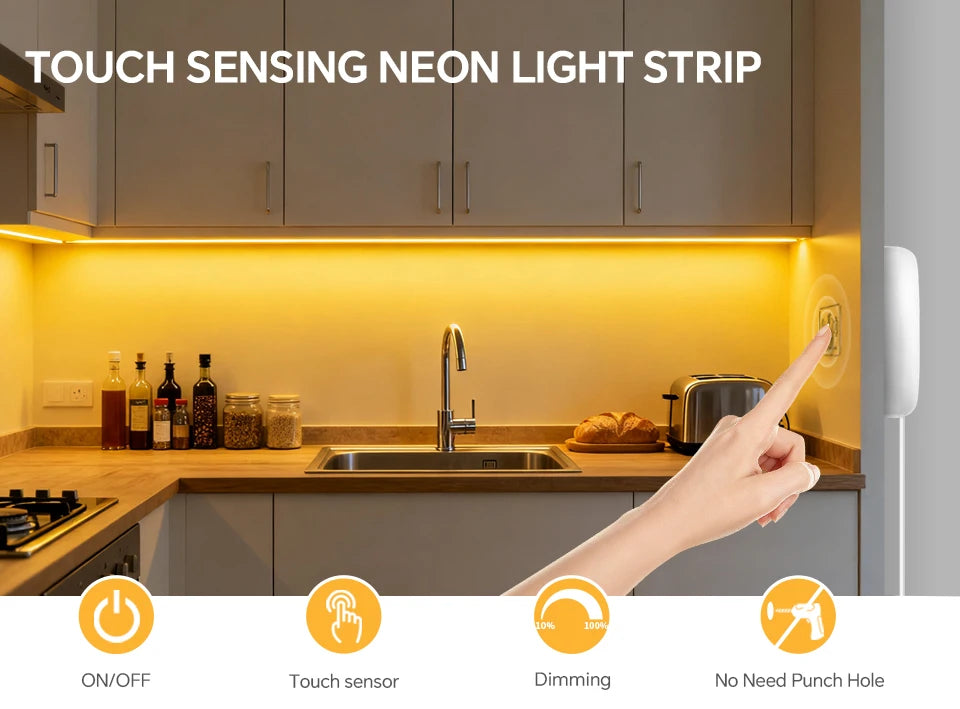 Novel Solid COB Neon Strip Light 2m-10m 24V Waterproof Pure Silicone Gel Tube Dimmable Touch Control Sensor Switch No Flicker