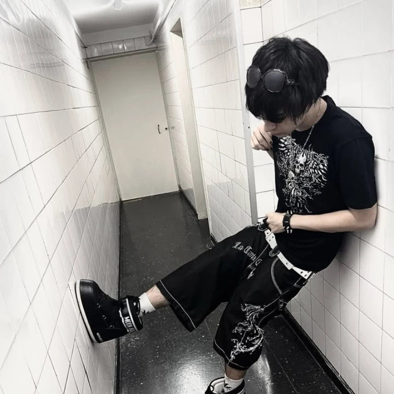 Y2K Vintage Denim Shorts New Popular Pocket Embroidery Pattern Vulturi Jorts Harajuku Trendy Gothic Punk Men Women Baggy Pants