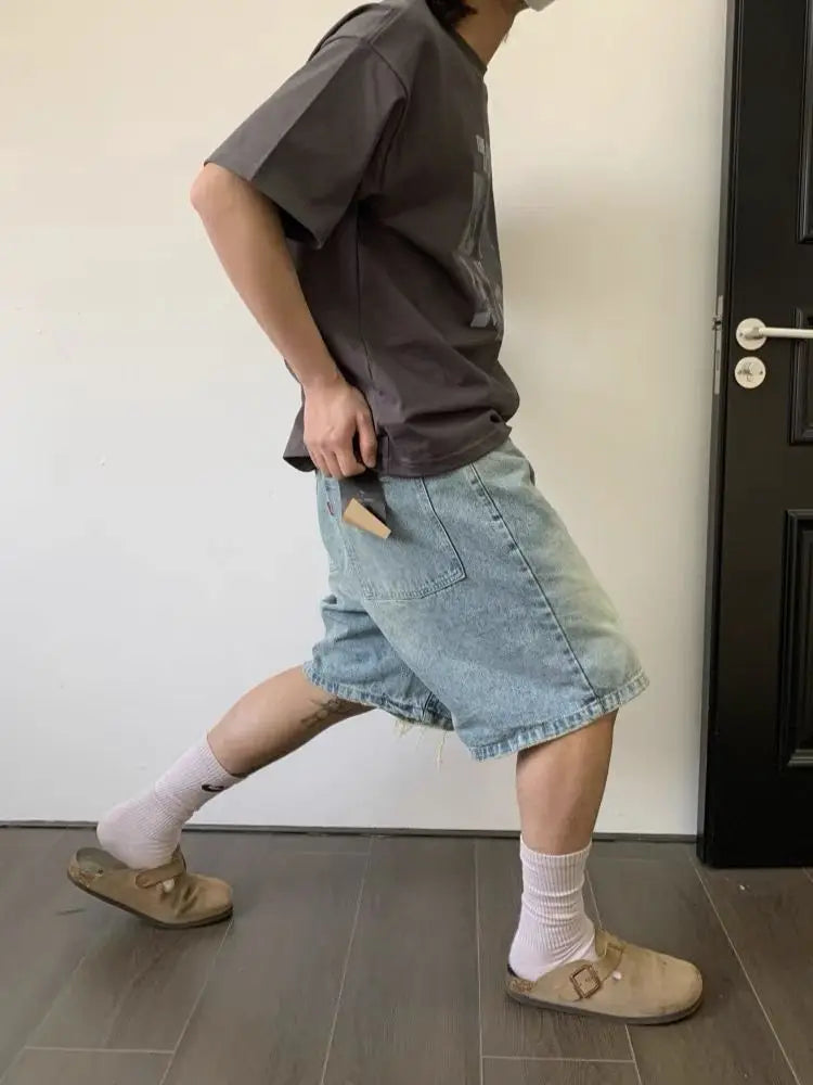 Men's Distressed Design Hole Cropped Pants Summer Cool Boys Shorts Wide Leg Casual Bottom Male High Waist Half Trousers