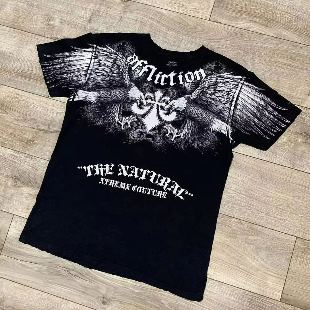 2000s Affliction Graphic T-Shirt Women's Large Grunge Wings New Fashion Style Couple Tops Pure Cotton Street Boxing Shirt