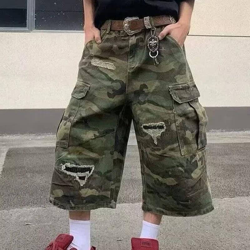2025 Mens Camo Cargo Denim Shorts Distressed Straight Leg Casual Seven Inch Shorts Y2K Streetwear Vintage Loose Fit Summer Fashi