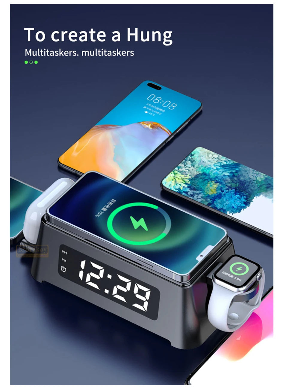 4 in 1 Wireless Charger Dock For iPhone 16 15 14Pro Apple Watch S9 8 7 15W Fast Charging Station Desktop LED Digital Alarm Clock