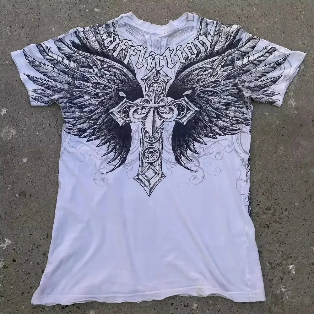 2000s Affliction Graphic T-Shirt Women's Large Grunge Wings New Fashion Style Couple Tops Pure Cotton Street Boxing Shirt