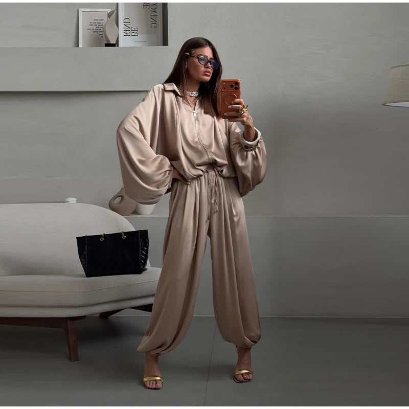 Casual Loose Pleated Shirt Pants Suit Women Solid Full Lantern Sleeve Zipper Shirts Wide Leg Trousers 2026 Fashion Street Set