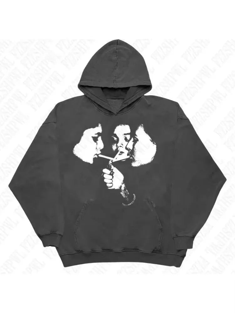 2025 hot trend 2000s men's fashion Harajuku Gothic pattern sports hoodie retro punk hip-hop casual streetwear