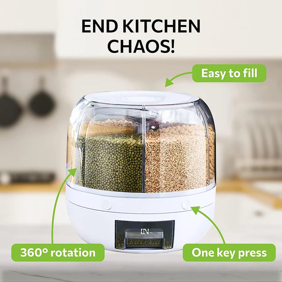 360° Rotating 6-Grid Food Dispenser - Airtight Kitchen Storage Container for Grains, Cereal & Dry Goods