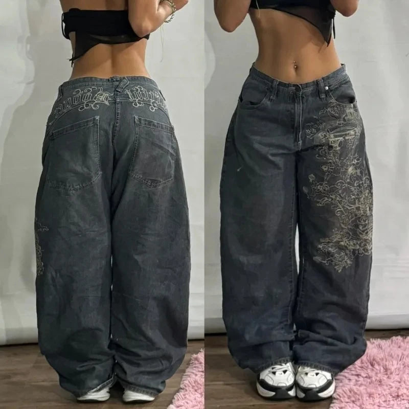 American New Skull Embroidery Casual Baggy Jeans Women Y2K Street Harajuku Vintage Gothic High Waist Joker Wide Leg Pant Trouser