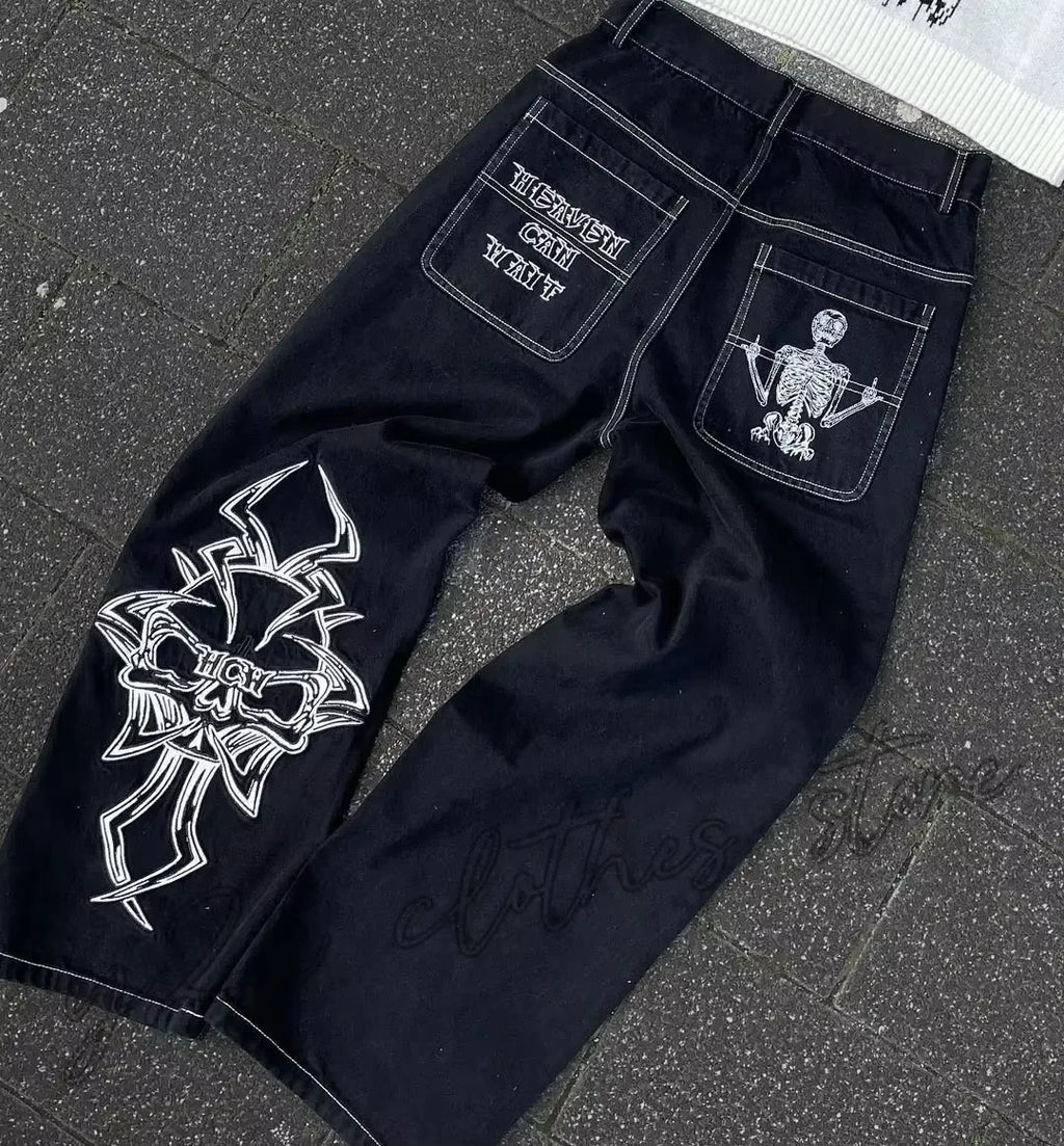 Fashion trend skull pattern embroidered loose jeans men's street Y2K new hip-hop wide leg pants men's unisex jeans