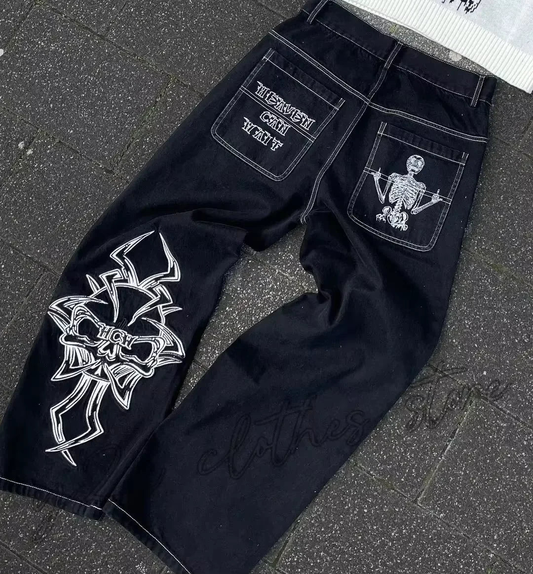 Fashion trend skull pattern embroidered loose jeans men's street Y2K new hip-hop wide leg pants men's unisex jeans