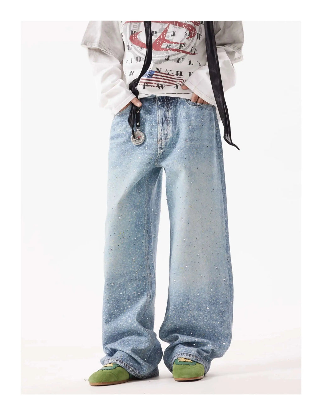 PFNW American Rhinestone Printed Design Vintage Jeans Men's Streetwear Hip Hop Mens Clothing Loose Wide Leg Pants Trendy 28W4644