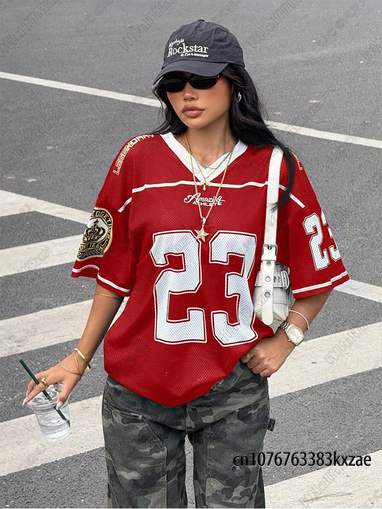 2026 Summer New Retro No.23 Printed T-Shirt For Women V-Neck Short Sleeve Sports Football Jersey Y2K Loose Oversized Tops