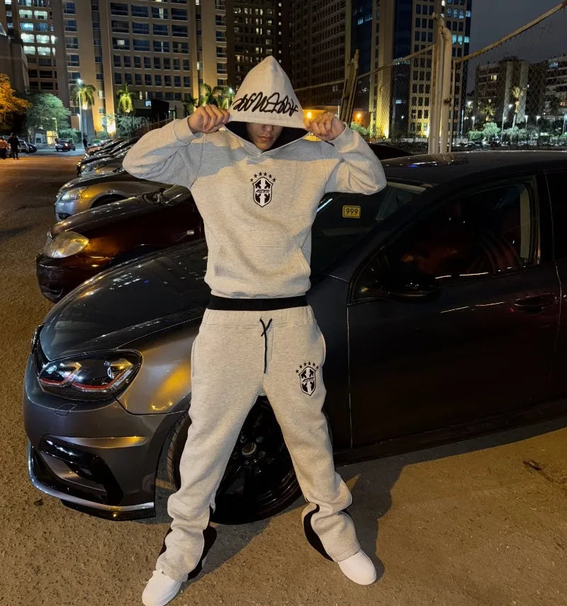 American Hip-hop Street Loose Sports Suit Retro Gray Letter Pullover Hoodie Women Casual Oversized Straight Wide-leg Pants Men