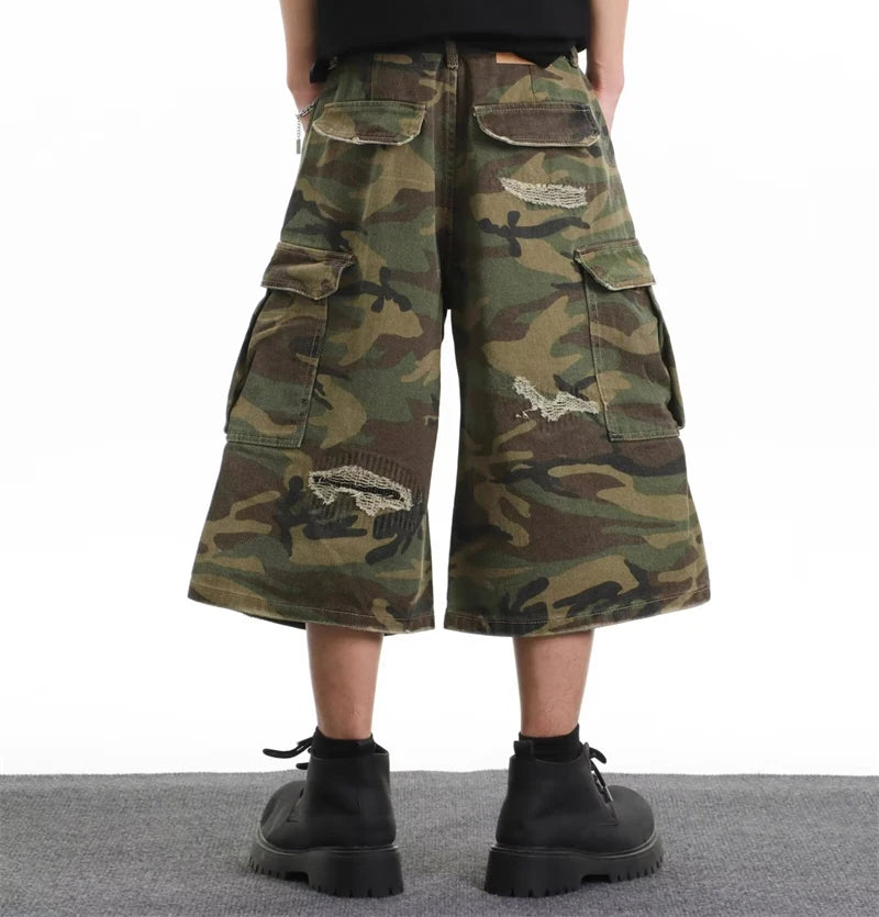 2025 Mens Camo Cargo Denim Shorts Distressed Straight Leg Casual Seven Inch Shorts Y2K Streetwear Vintage Loose Fit Summer Fashi