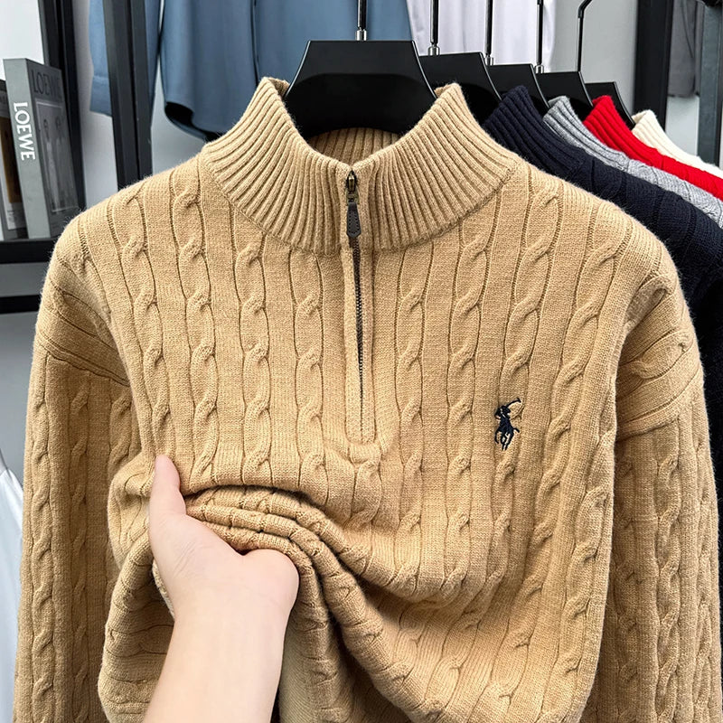 Heshi Brand Fashion American 2025 Vintage Stand Collar Zipper Embroidery Sweater Fried Dough Twists 3D Autumn Winter Knitwear