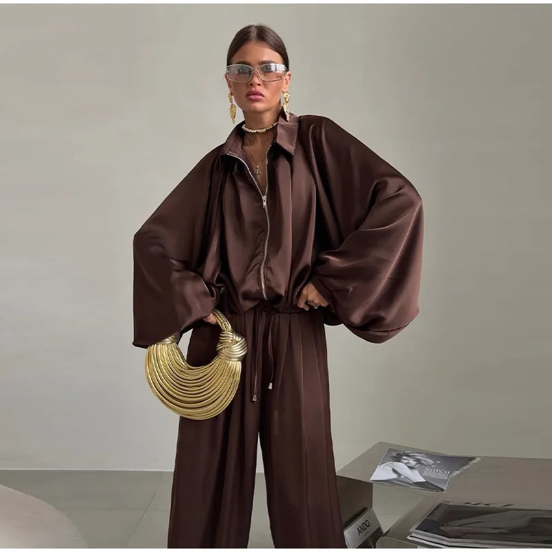Casual Loose Pleated Shirt Pants Suit Women Solid Full Lantern Sleeve Zipper Shirts Wide Leg Trousers 2026 Fashion Street Set