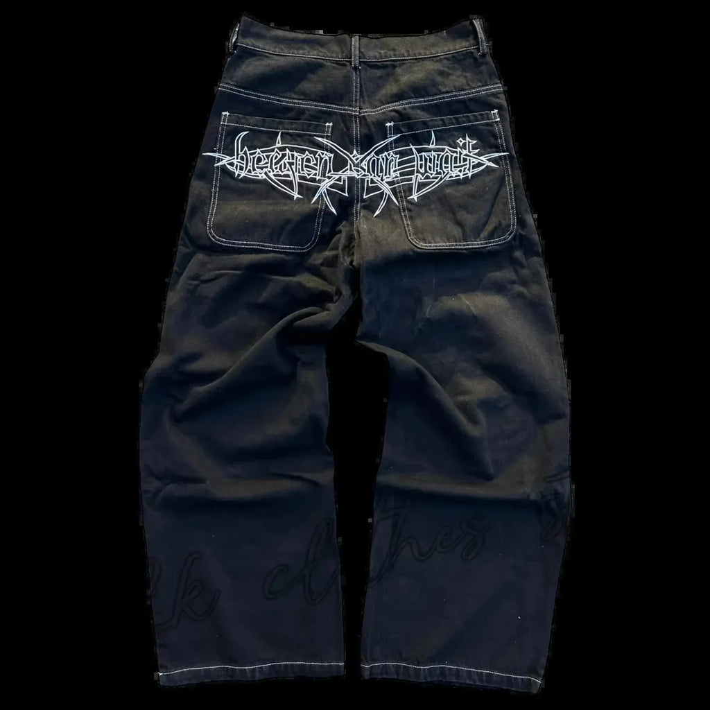Fashion trend skull pattern embroidered loose jeans men's street Y2K new hip-hop wide leg pants men's unisex jeans