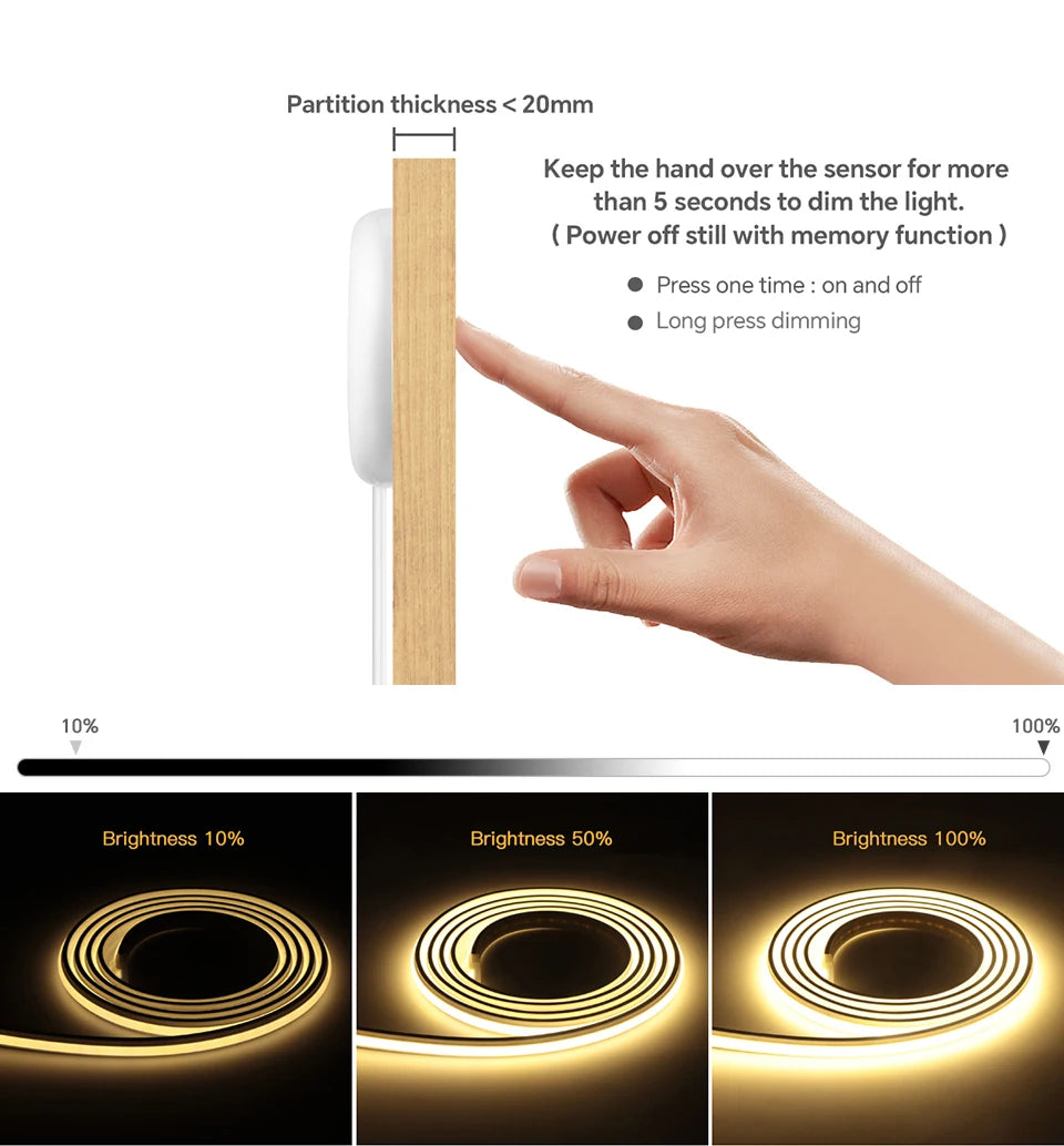 Novel Solid COB Neon Strip Light 2m-10m 24V Waterproof Pure Silicone Gel Tube Dimmable Touch Control Sensor Switch No Flicker