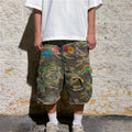 Y2K Vintage Camo Shorts Raw Hem Graffiti Pattern Paint Splatter Cargo Shorts New Trendy Hip Hop Streetwear Men Women Baggy Pants