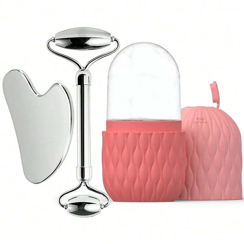 Ice Face Roller & Stainless Steel Gua Sha Tool Set, Facial Massager Ice Roller Skin Care Tool Beauty Set Lifting Contouring Tool
