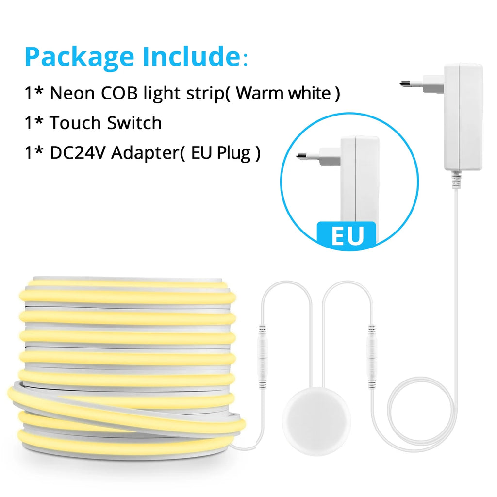 Novel Solid COB Neon Strip Light 2m-10m 24V Waterproof Pure Silicone Gel Tube Dimmable Touch Control Sensor Switch No Flicker