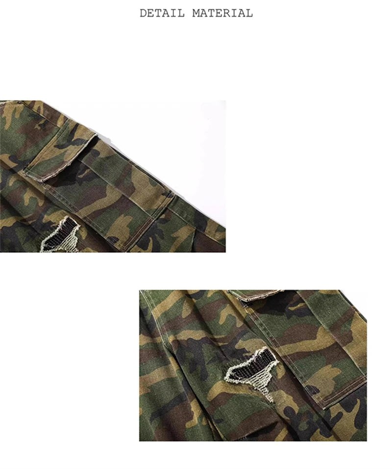 2025 Mens Camo Cargo Denim Shorts Distressed Straight Leg Casual Seven Inch Shorts Y2K Streetwear Vintage Loose Fit Summer Fashi