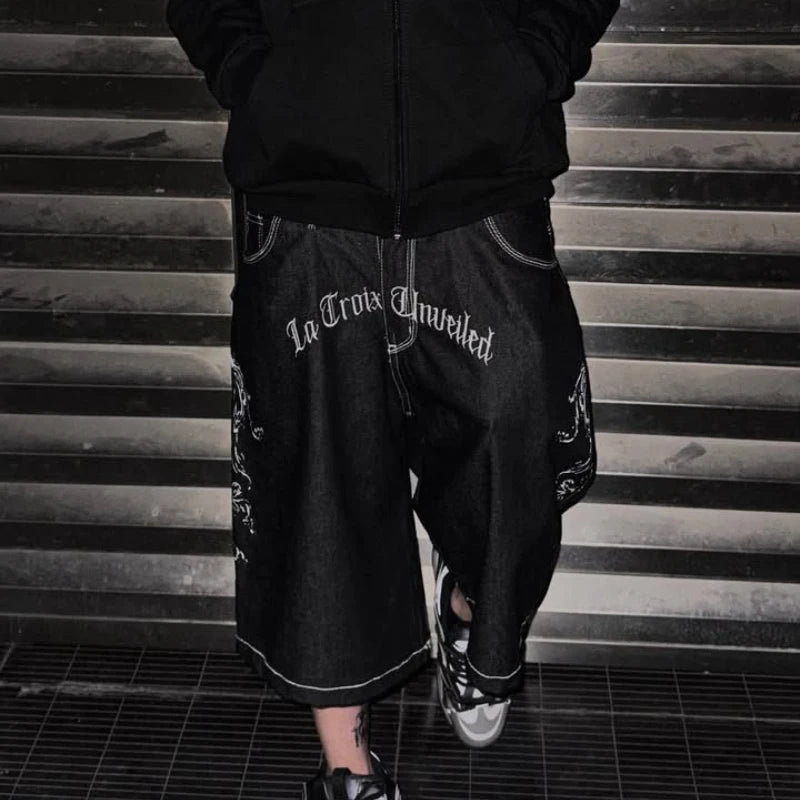 Y2K Vintage Denim Shorts New Popular Pocket Embroidery Pattern Vulturi Jorts Harajuku Trendy Gothic Punk Men Women Baggy Pants