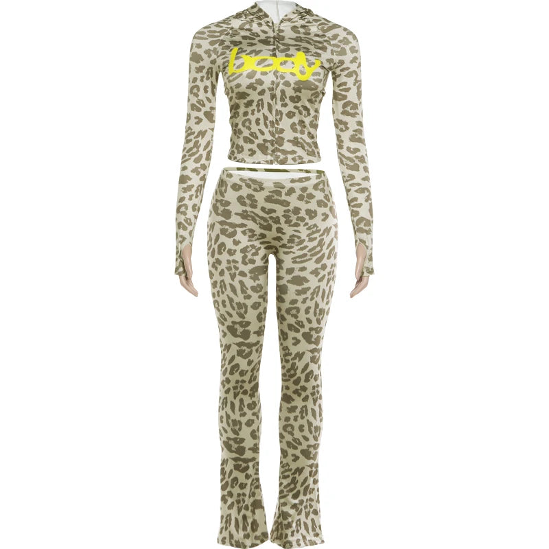 Weird Puss Letter Leopard Print 2 Piece Set Women Casual Zip Hooded Crop Jacke+Leggings Matching Stretch Sporty Street Outfits