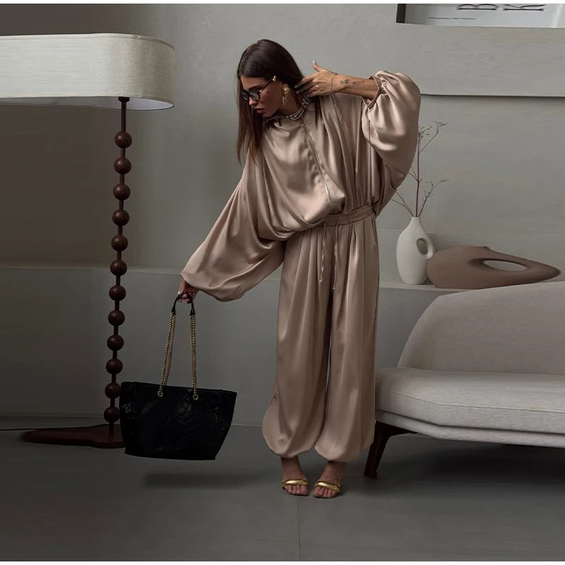 Casual Loose Pleated Shirt Pants Suit Women Solid Full Lantern Sleeve Zipper Shirts Wide Leg Trousers 2026 Fashion Street Set