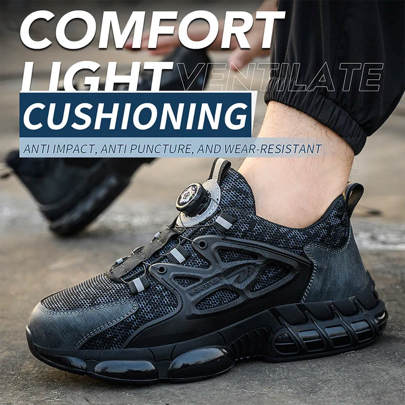 Safety Shoes For Men Steel Toe Anti-Puncture Men's Work Shoes Slip Resistant Reinforced Sole Rotating Button Fashion Sneaker