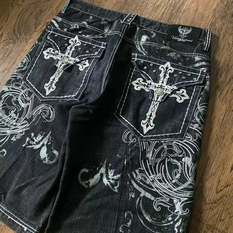 American Vintage Popular New Pattern Embroidery Baggy Denim Shorts Men Street Fashion Gothic Casual Joker Shorts Women Clothing