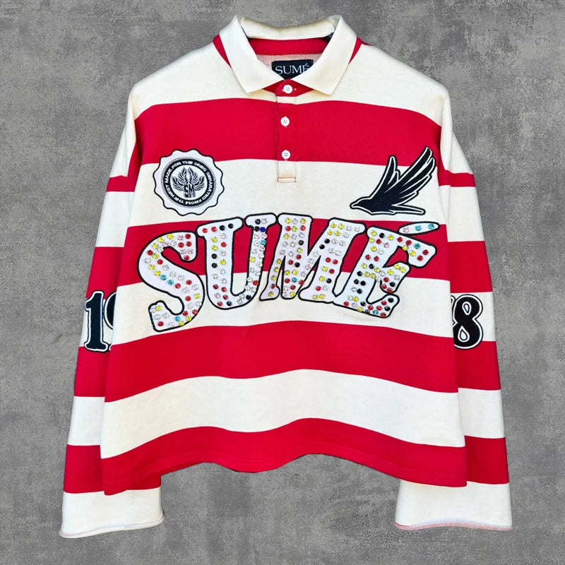 2 Pcs Shirts Co-ords Sume Rugby Diamond Embroidery Stripe Polo Shirt Y2K Retro Classic Unisex Oversized Long Sleeved Shirts Sets