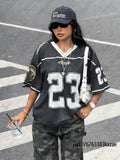 2026 Summer New Retro No.23 Printed T-Shirt For Women V-Neck Short Sleeve Sports Football Jersey Y2K Loose Oversized Tops