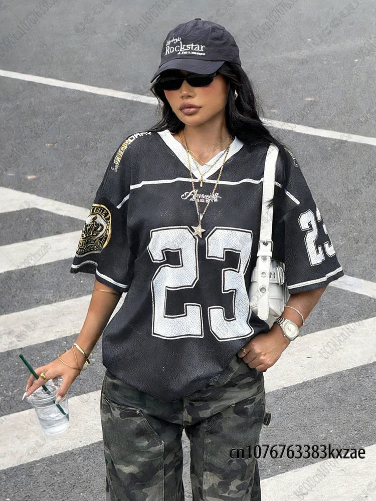 2026 Summer New Retro No.23 Printed T-Shirt For Women V-Neck Short Sleeve Sports Football Jersey Y2K Loose Oversized Tops