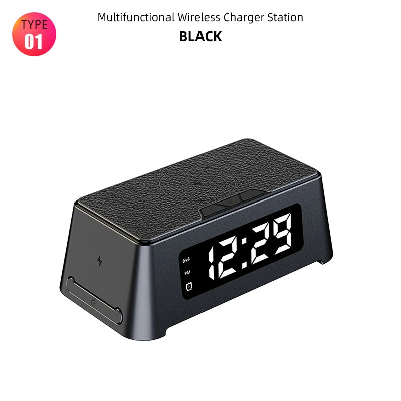 4 in 1 Wireless Charger Dock For iPhone 16 15 14Pro Apple Watch S9 8 7 15W Fast Charging Station Desktop LED Digital Alarm Clock