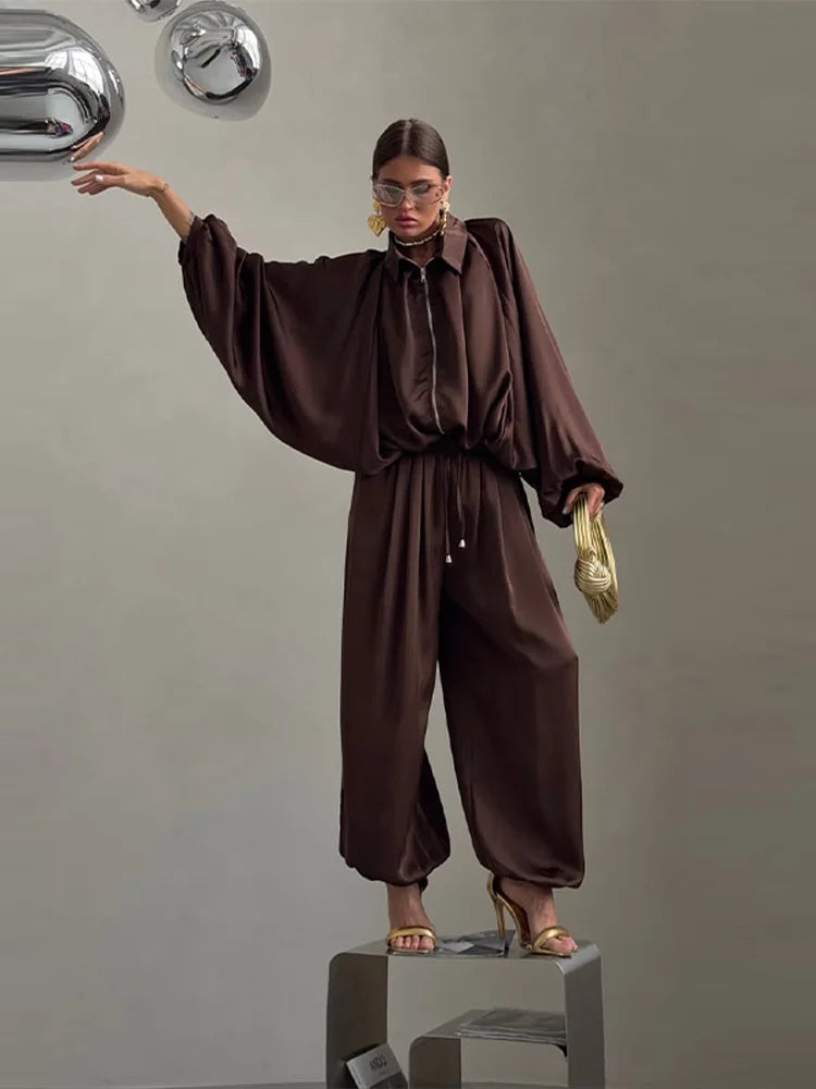 Casual Loose Pleated Shirt Pants Suit Women Solid Full Lantern Sleeve Zipper Shirts Wide Leg Trousers 2026 Fashion Street Set