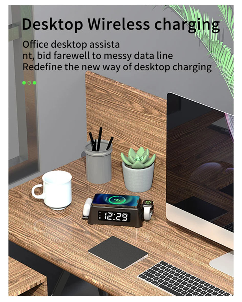 4 in 1 Wireless Charger Dock For iPhone 16 15 14Pro Apple Watch S9 8 7 15W Fast Charging Station Desktop LED Digital Alarm Clock