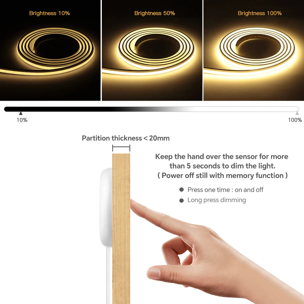 Novel Solid COB Neon Strip Light 2m-10m 24V Waterproof Pure Silicone Gel Tube Dimmable Touch Control Sensor Switch No Flicker