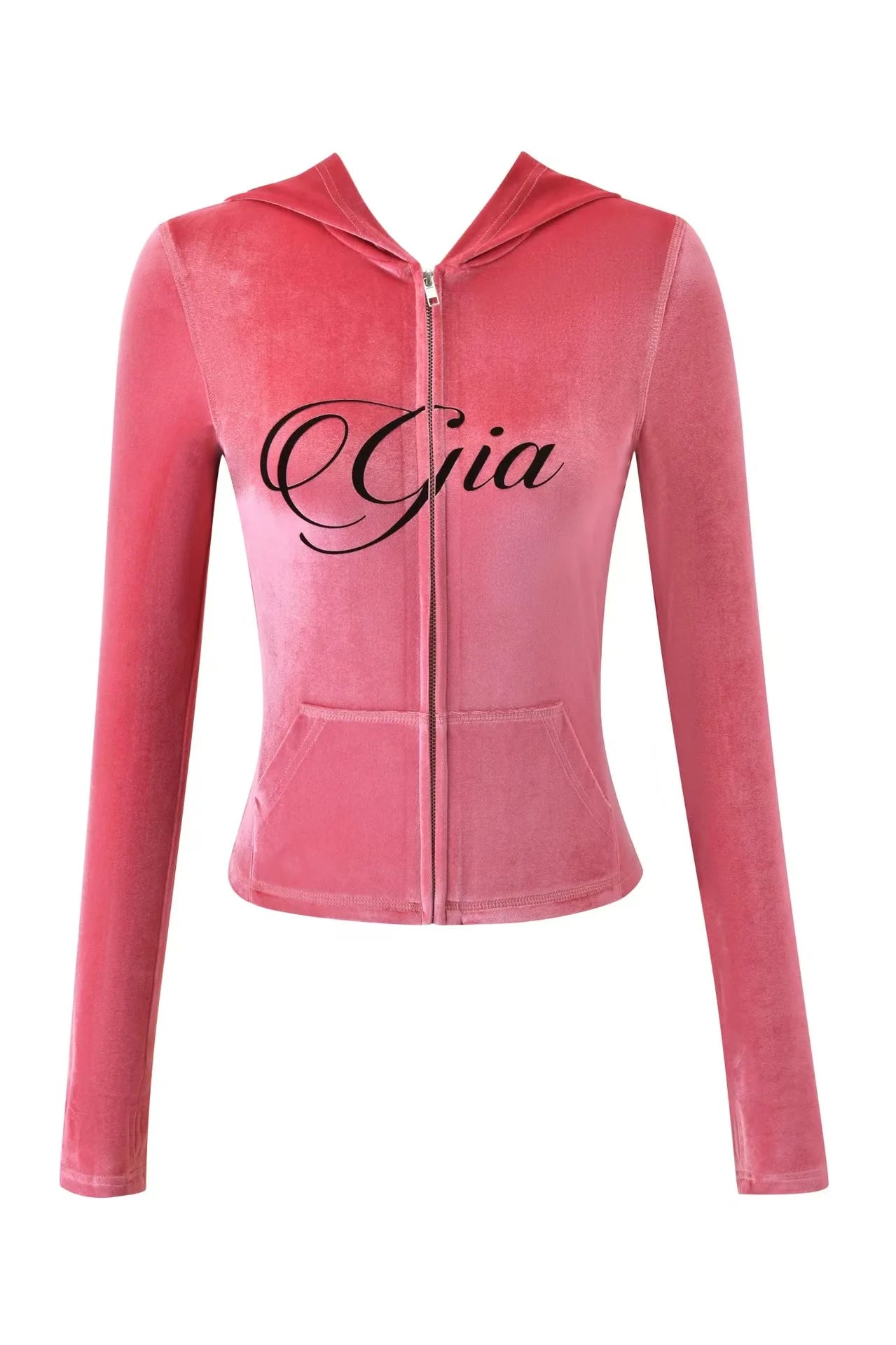 GIA New Stylish Coffee-Colored Velvet Zip-Up Hooded Jacket & Relaxed Slim-Fit Pants Comfortable Minimalist Set