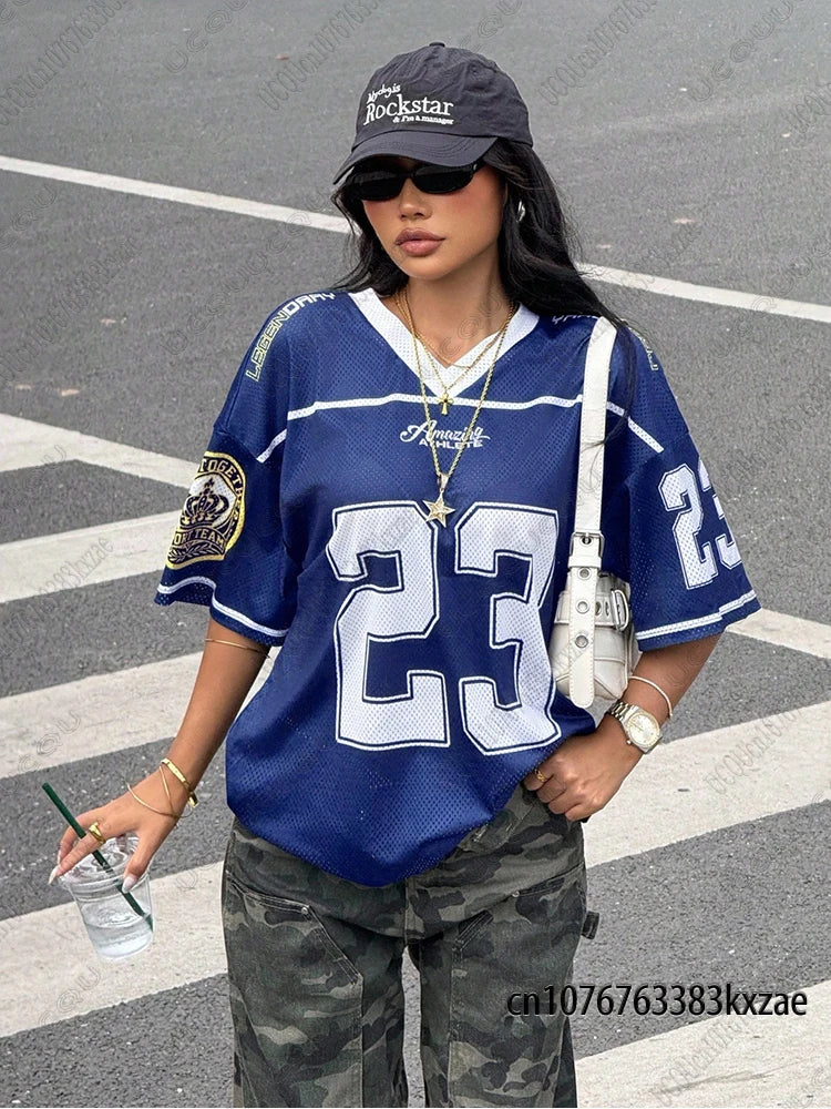 2026 Summer New Retro No.23 Printed T-Shirt For Women V-Neck Short Sleeve Sports Football Jersey Y2K Loose Oversized Tops