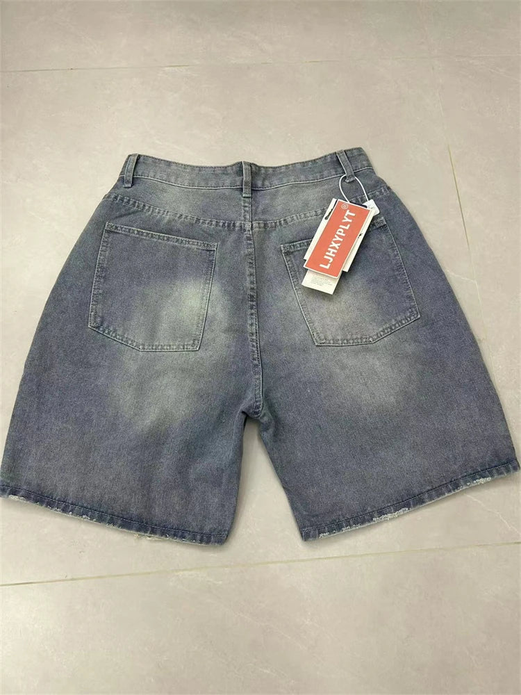 Men's Distressed Design Hole Cropped Pants Summer Cool Boys Shorts Wide Leg Casual Bottom Male High Waist Half Trousers