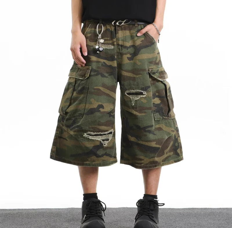 2025 Mens Camo Cargo Denim Shorts Distressed Straight Leg Casual Seven Inch Shorts Y2K Streetwear Vintage Loose Fit Summer Fashi