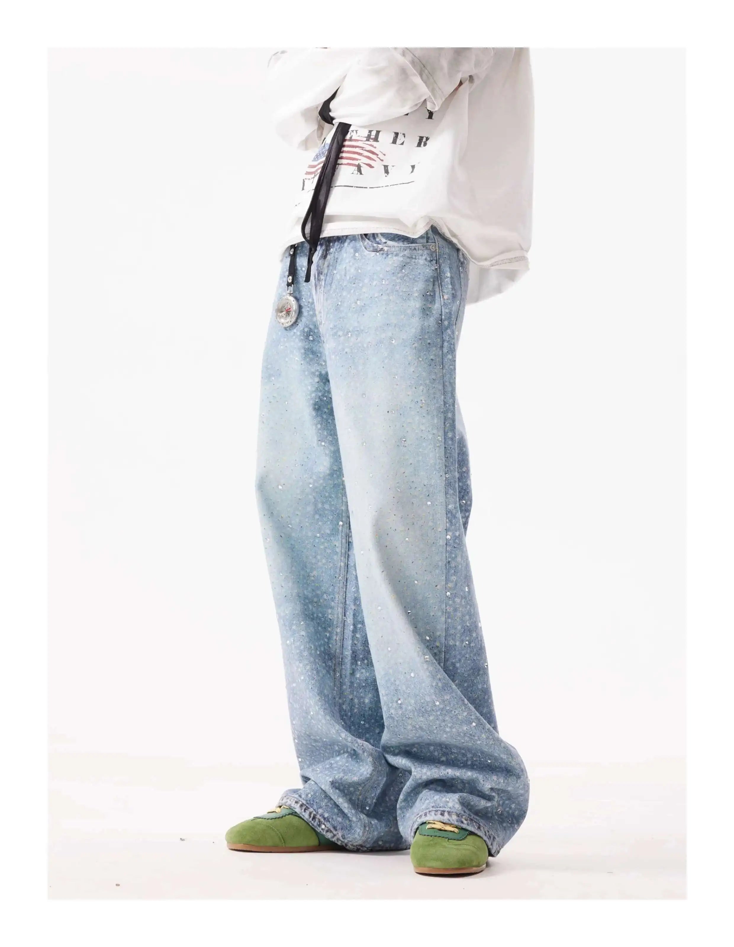 PFNW American Rhinestone Printed Design Vintage Jeans Men's Streetwear Hip Hop Mens Clothing Loose Wide Leg Pants Trendy 28W4644