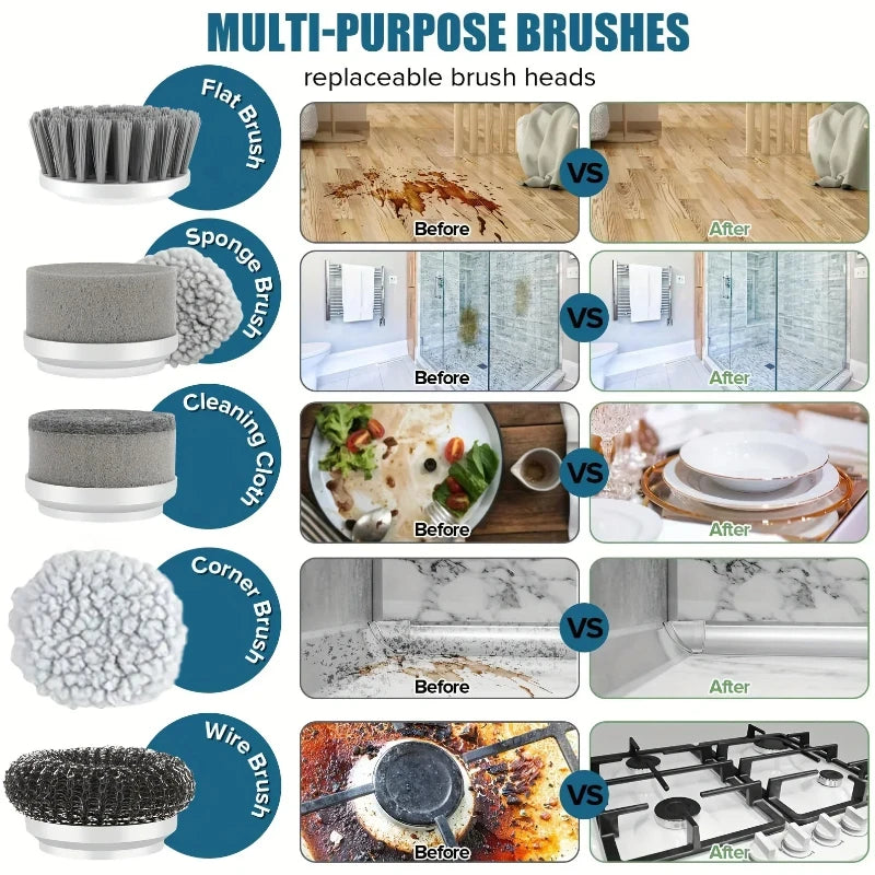 Wireless Electric Spin Brush Cleaner 5-Pack Replaceable Heads Rotating Deep Cleaning Tool for Household Surfaces