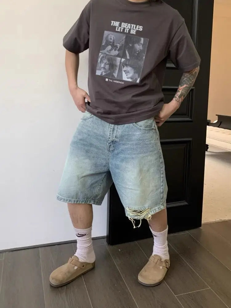 Men's Distressed Design Hole Cropped Pants Summer Cool Boys Shorts Wide Leg Casual Bottom Male High Waist Half Trousers