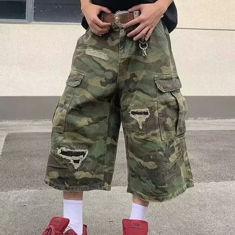 2025 Mens Camo Cargo Denim Shorts Distressed Straight Leg Casual Seven Inch Shorts Y2K Streetwear Vintage Loose Fit Summer Fashi