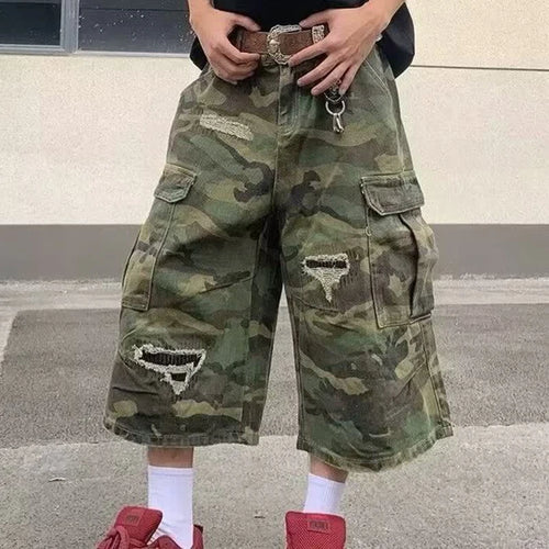 2025 Mens Camo Cargo Denim Shorts Distressed Straight Leg Casual Seven Inch Shorts Y2K Streetwear Vintage Loose Fit Summer Fashi